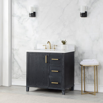 Weiser 36" Single Bathroom Vanity in Black Oak with Aosta White Engineered Stone Countertop without Mirror