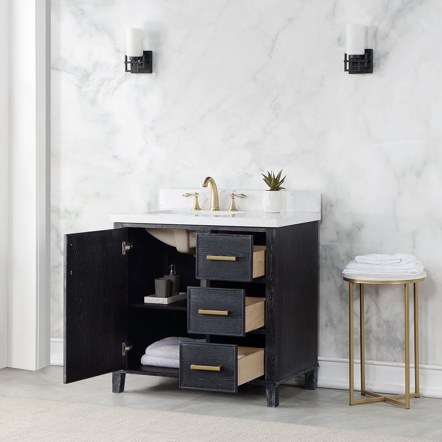 Weiser 36" Single Bathroom Vanity in Black Oak with Aosta White Engineered Stone Countertop without Mirror