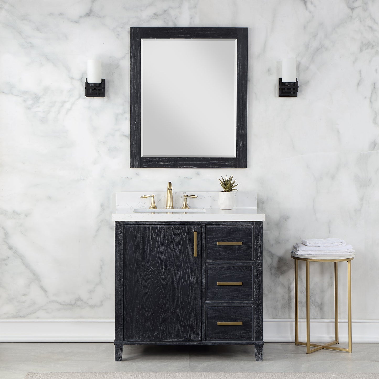 Weiser 36" Single Bathroom Vanity in Black Oak with Aosta White Engineered Stone Countertop with Mirror