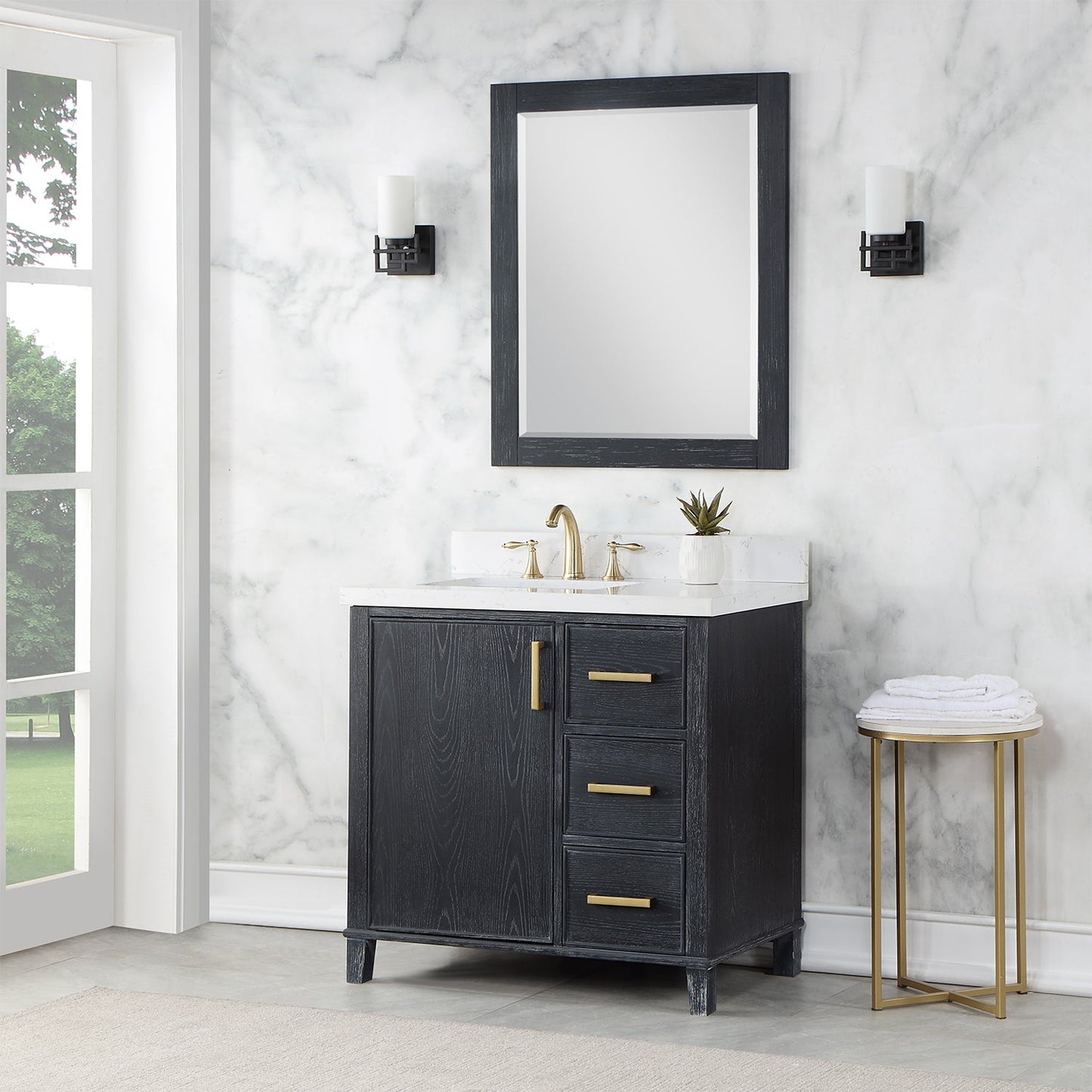 Weiser 36" Single Bathroom Vanity in Black Oak with Aosta White Engineered Stone Countertop with Mirror