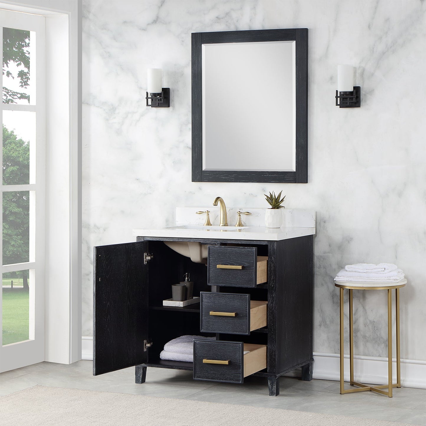 Weiser 36" Single Bathroom Vanity in Black Oak with Aosta White Engineered Stone Countertop with Mirror