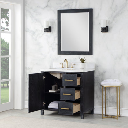 Weiser 36" Single Bathroom Vanity in Black Oak with Aosta White Engineered Stone Countertop with Mirror