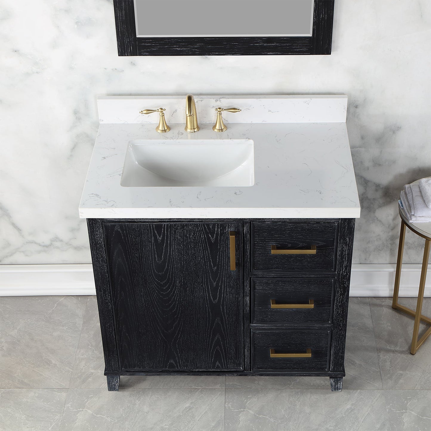 Weiser 36" Single Bathroom Vanity in Black Oak with Aosta White Engineered Stone Countertop with Mirror