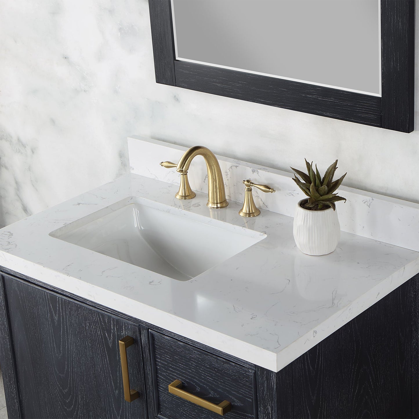 Weiser 36" Single Bathroom Vanity in Black Oak with Aosta White Engineered Stone Countertop with Mirror