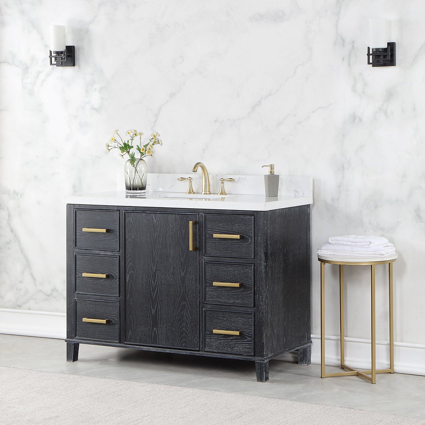 Weiser 48" Single Bathroom Vanity in Black Oak with Aosta White Engineered Stone Countertop without Mirror