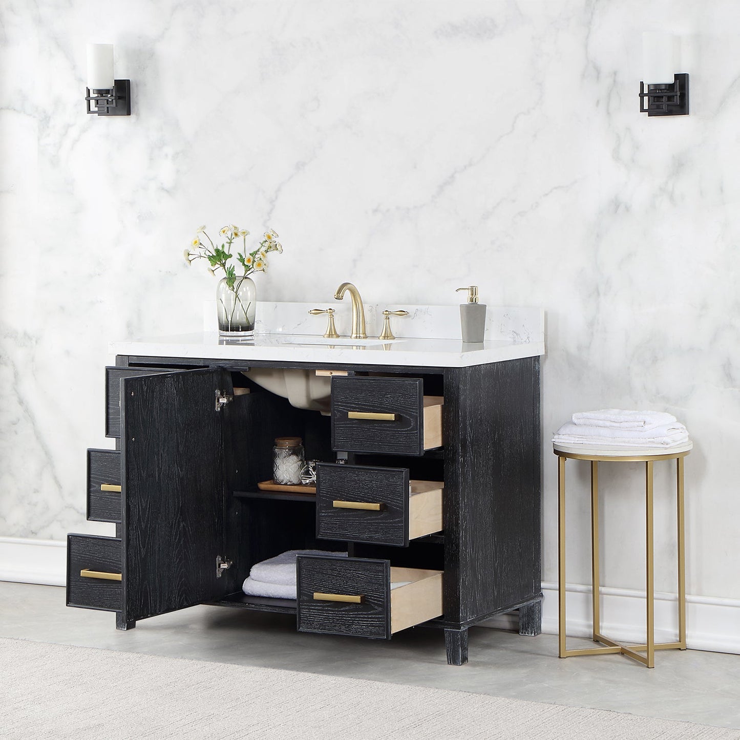 Weiser 48" Single Bathroom Vanity in Black Oak with Aosta White Engineered Stone Countertop without Mirror