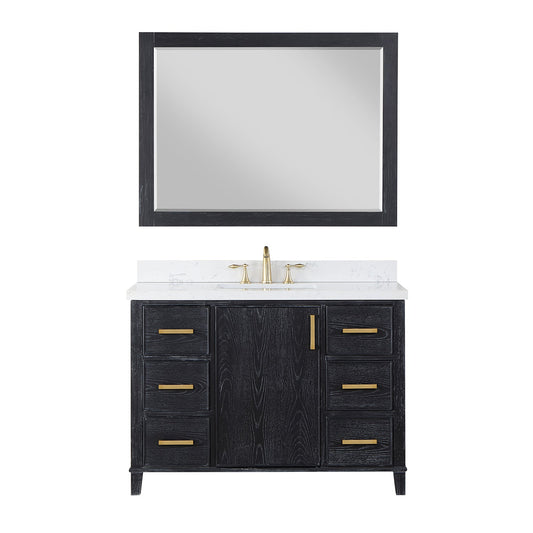 Weiser 48" Single Bathroom Vanity in Black Oak with Aosta White Engineered Stone Countertop with Mirror