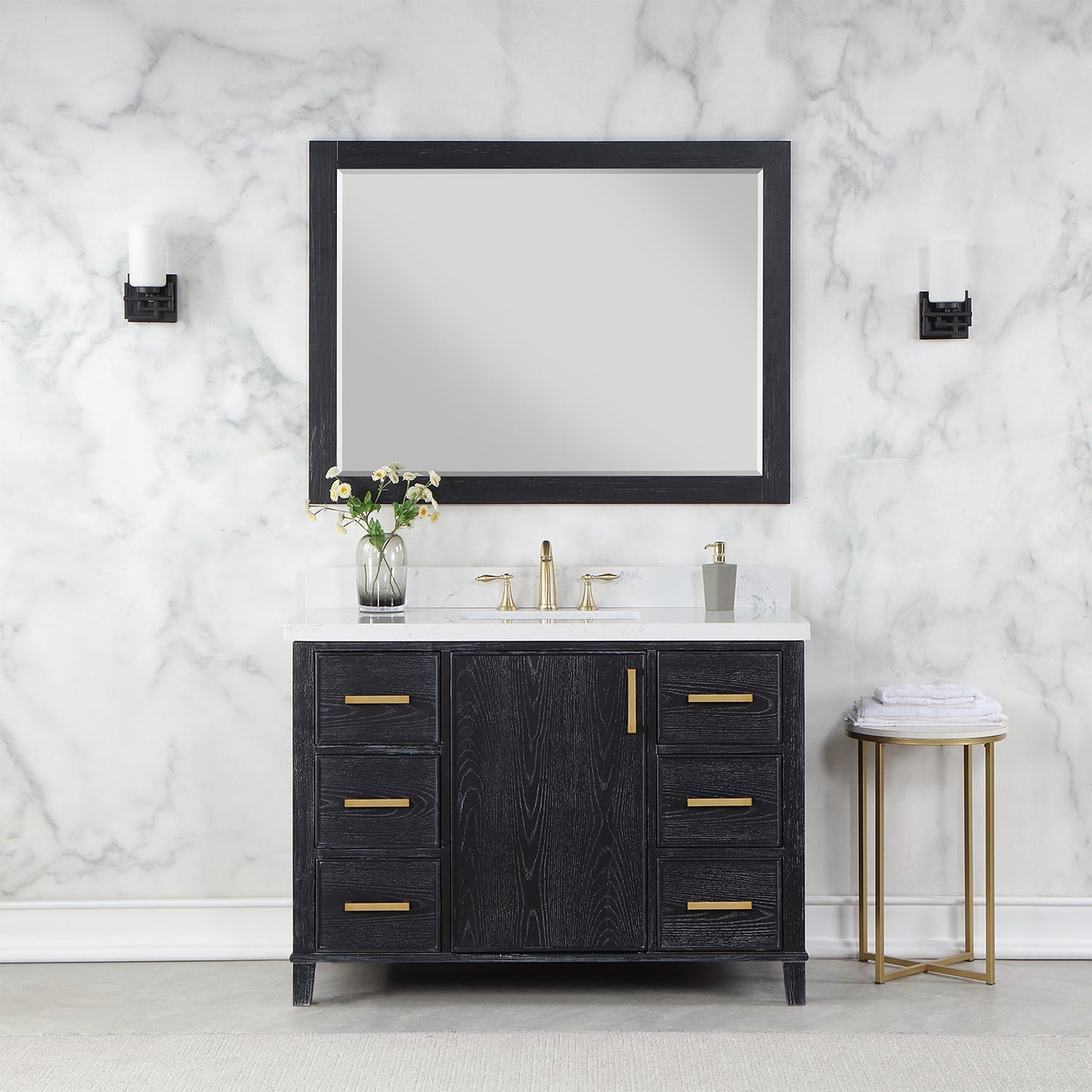 Weiser 48" Single Bathroom Vanity in Black Oak with Aosta White Engineered Stone Countertop with Mirror