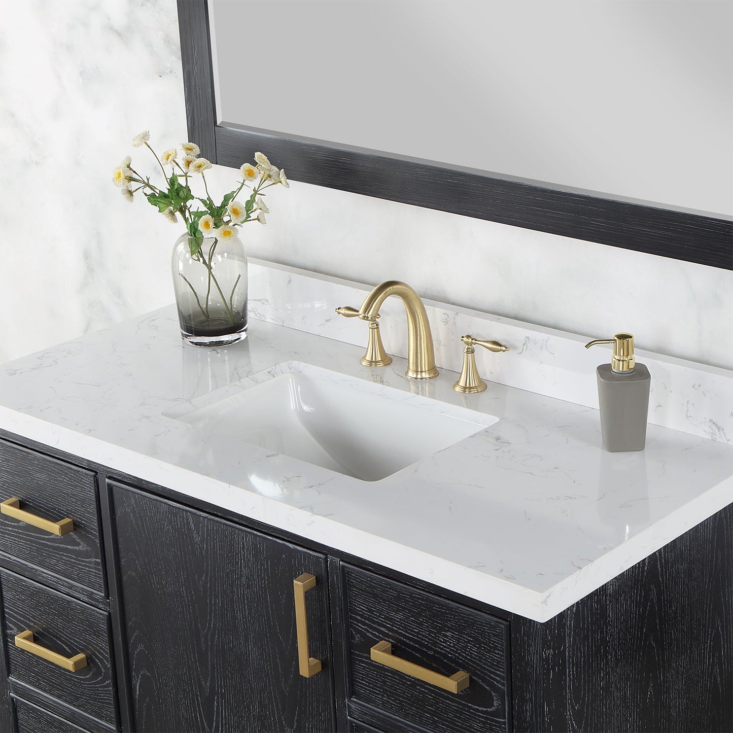 Weiser 48" Single Bathroom Vanity in Black Oak with Aosta White Engineered Stone Countertop with Mirror