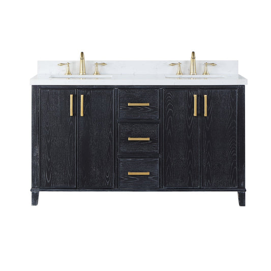 Weiser 60" Double Bathroom Vanity in Black Oak with Aosta White Engineered Stone Countertop without Mirror