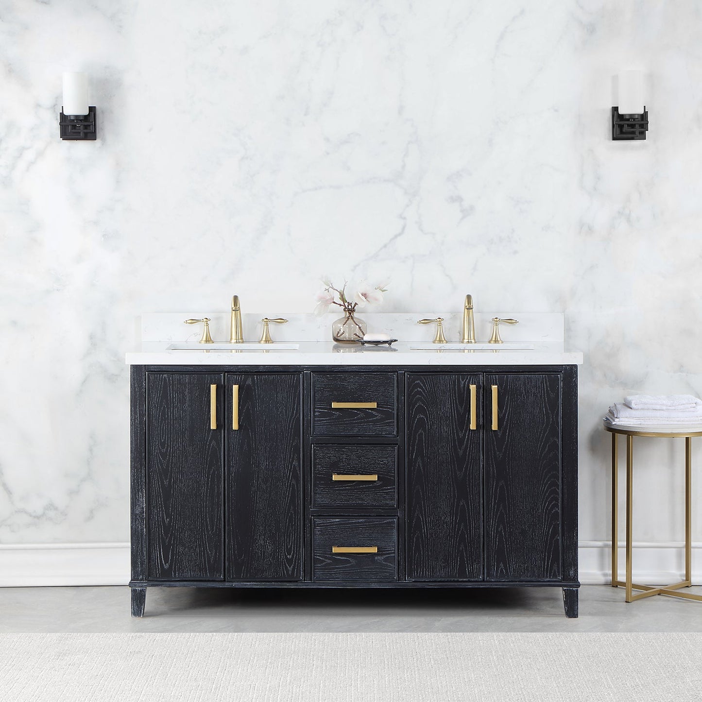 Weiser 60" Double Bathroom Vanity in Black Oak with Aosta White Engineered Stone Countertop without Mirror
