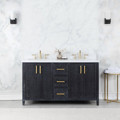Weiser 60" Double Bathroom Vanity in Black Oak with Aosta White Engineered Stone Countertop without Mirror