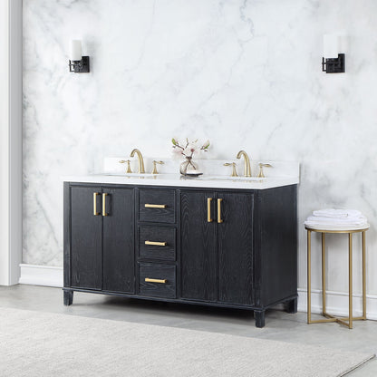 Weiser 60" Double Bathroom Vanity in Black Oak with Aosta White Engineered Stone Countertop without Mirror