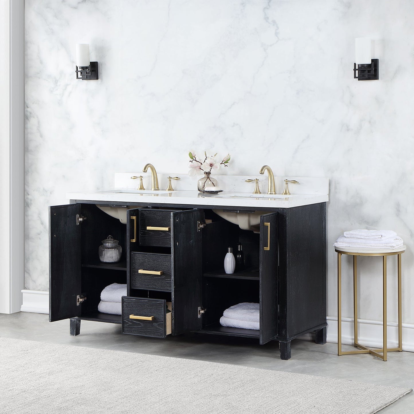 Weiser 60" Double Bathroom Vanity in Black Oak with Aosta White Engineered Stone Countertop without Mirror