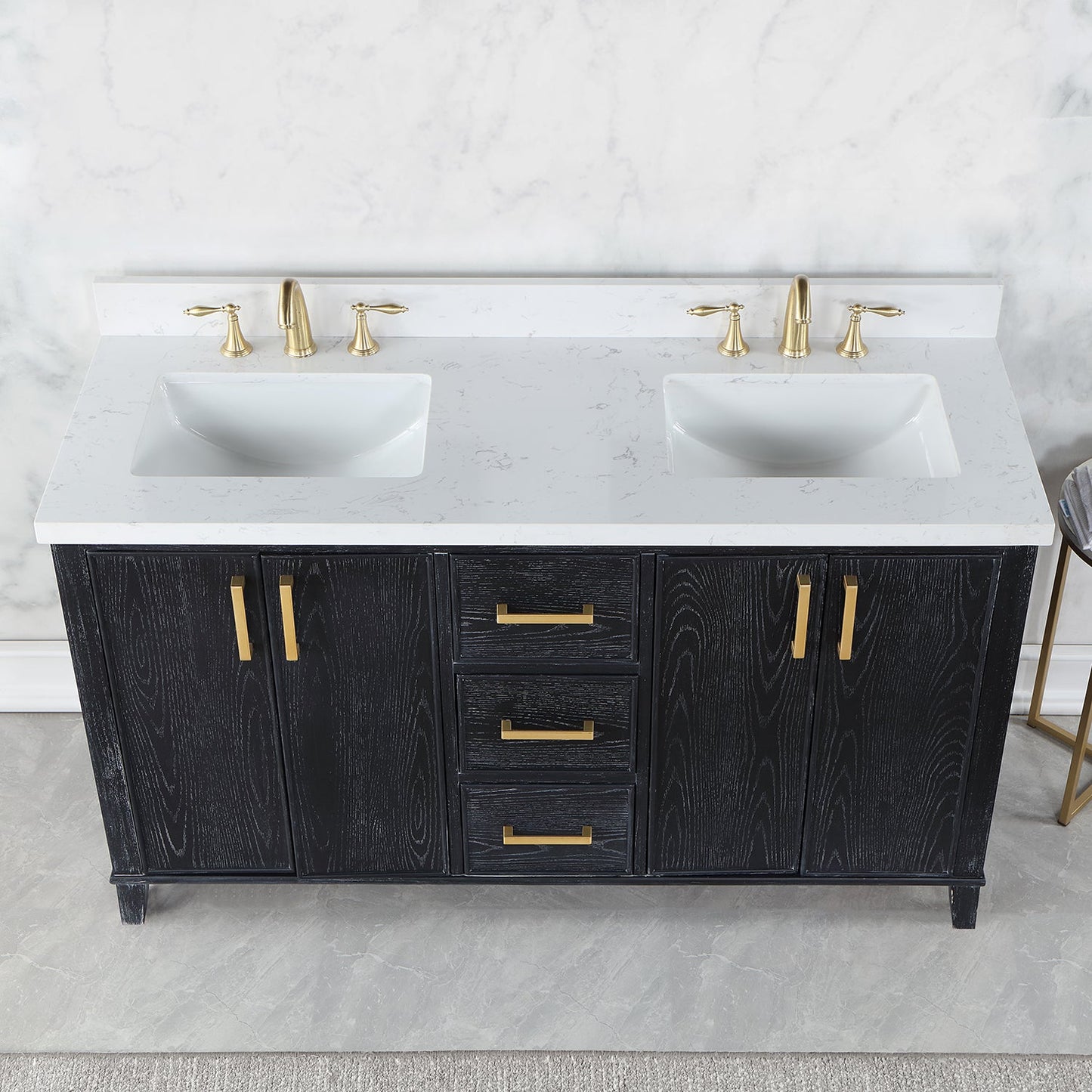 Weiser 60" Double Bathroom Vanity in Black Oak with Aosta White Engineered Stone Countertop without Mirror