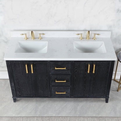 Weiser 60" Double Bathroom Vanity in Black Oak with Aosta White Engineered Stone Countertop without Mirror