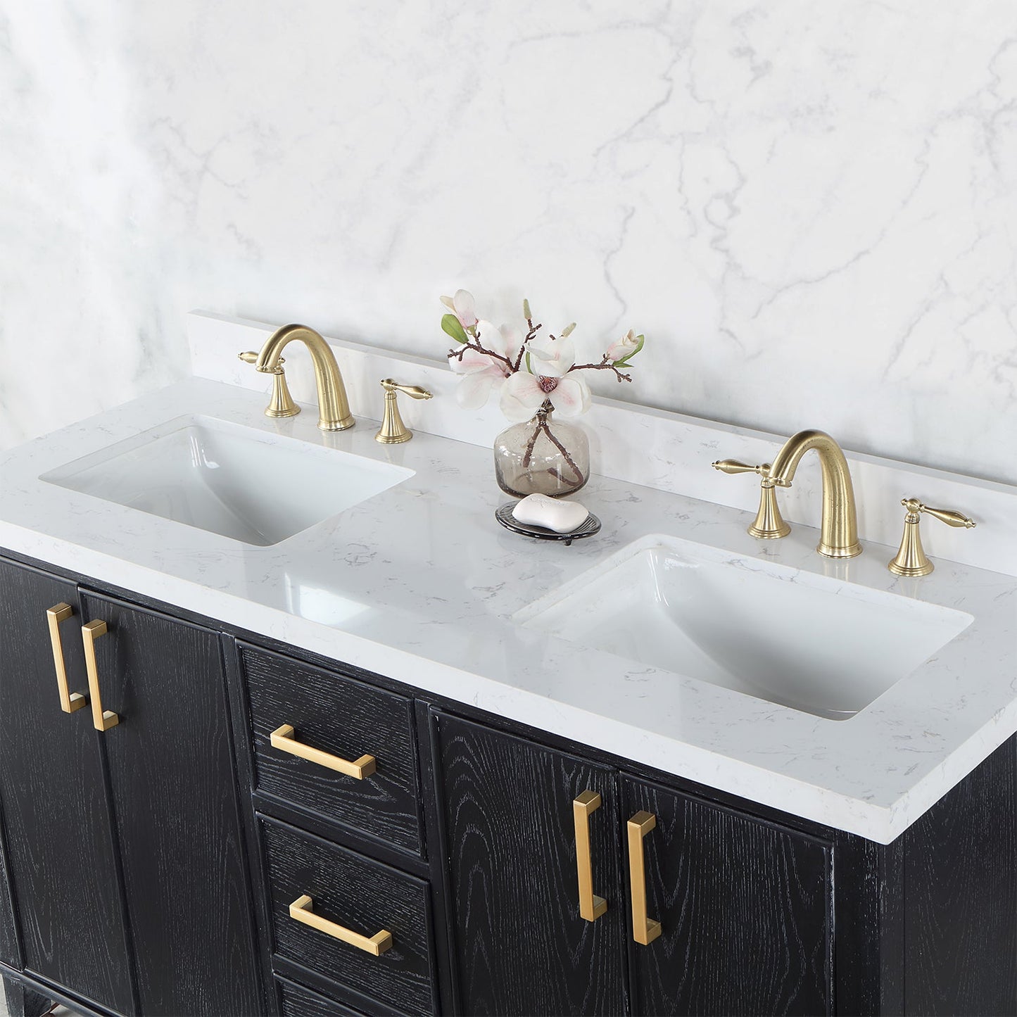 Weiser 60" Double Bathroom Vanity in Black Oak with Aosta White Engineered Stone Countertop without Mirror