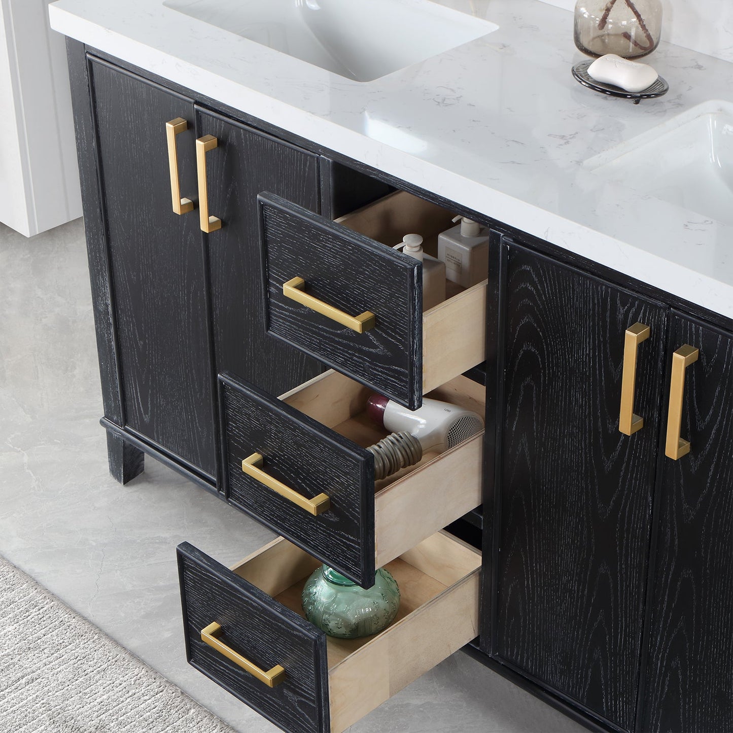 Weiser 60" Double Bathroom Vanity in Black Oak with Aosta White Engineered Stone Countertop without Mirror
