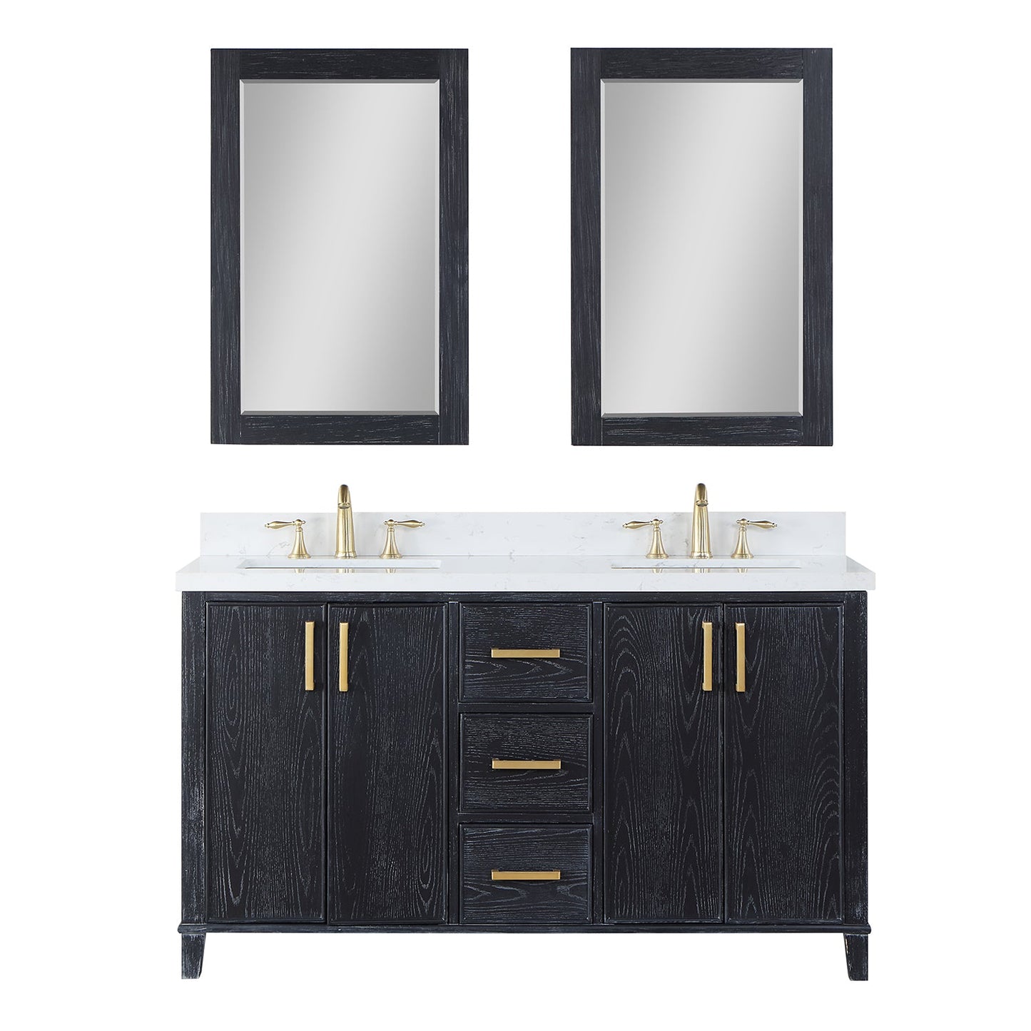 Weiser 60" Double Bathroom Vanity in Black Oak with Aosta White Engineered Stone Countertop with Mirror
