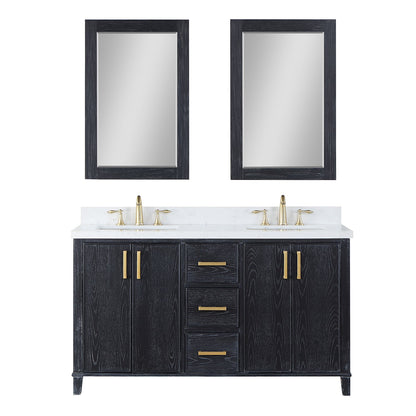 Weiser 60" Double Bathroom Vanity in Black Oak with Aosta White Engineered Stone Countertop with Mirror