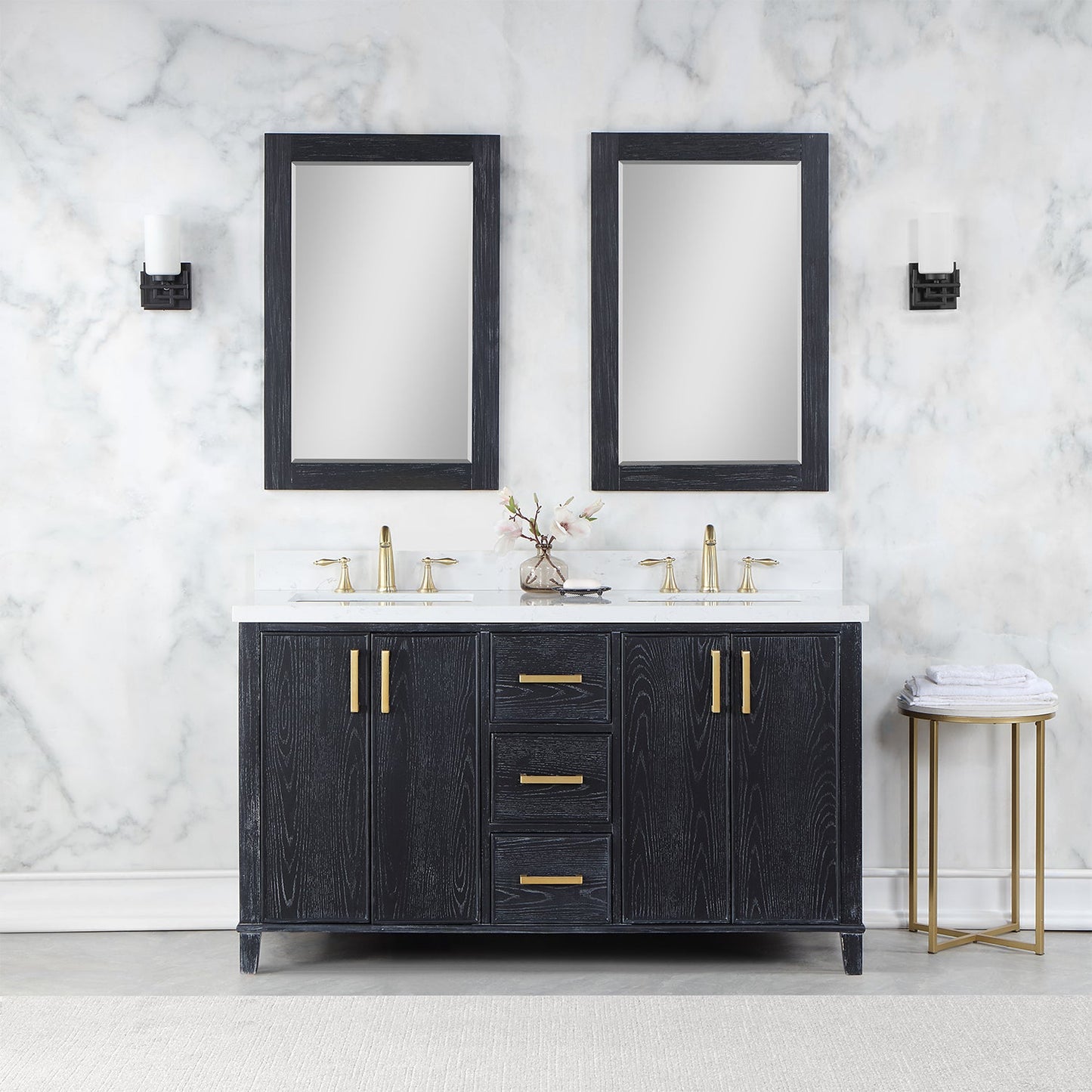 Weiser 60" Double Bathroom Vanity in Black Oak with Aosta White Engineered Stone Countertop with Mirror