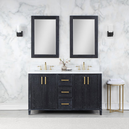 Weiser 60" Double Bathroom Vanity in Black Oak with Aosta White Engineered Stone Countertop with Mirror