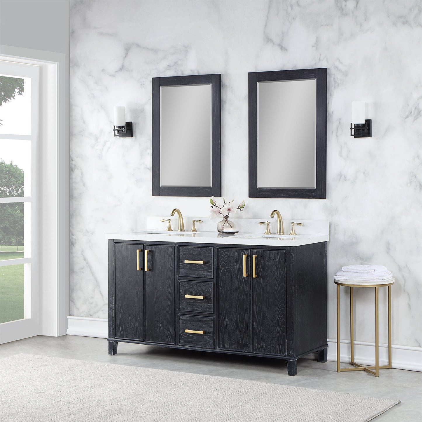Weiser 60" Double Bathroom Vanity in Black Oak with Aosta White Engineered Stone Countertop with Mirror