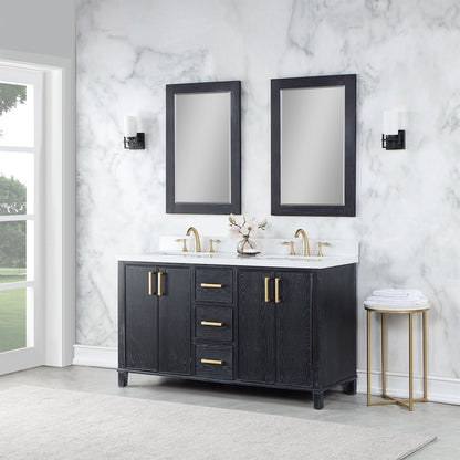Weiser 60" Double Bathroom Vanity in Black Oak with Aosta White Engineered Stone Countertop with Mirror