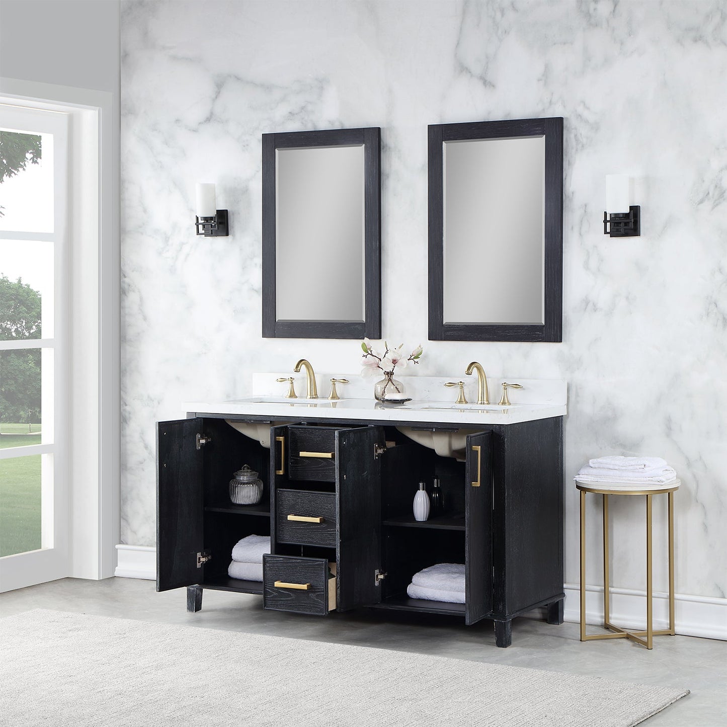 Weiser 60" Double Bathroom Vanity in Black Oak with Aosta White Engineered Stone Countertop with Mirror