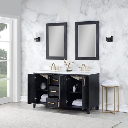 Weiser 60" Double Bathroom Vanity in Black Oak with Aosta White Engineered Stone Countertop with Mirror
