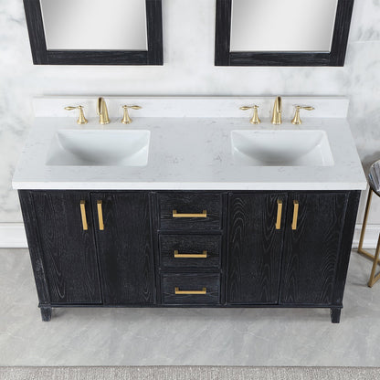 Weiser 60" Double Bathroom Vanity in Black Oak with Aosta White Engineered Stone Countertop with Mirror