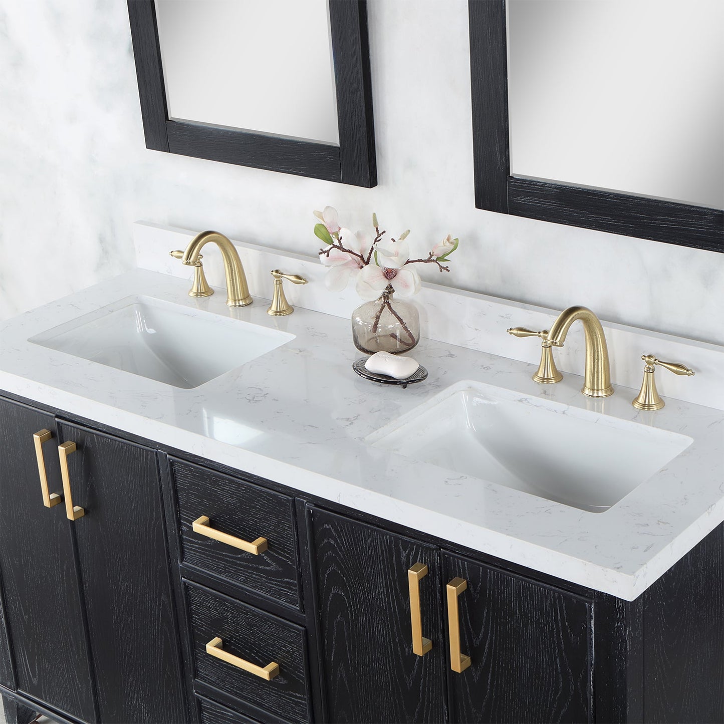 Weiser 60" Double Bathroom Vanity in Black Oak with Aosta White Engineered Stone Countertop with Mirror