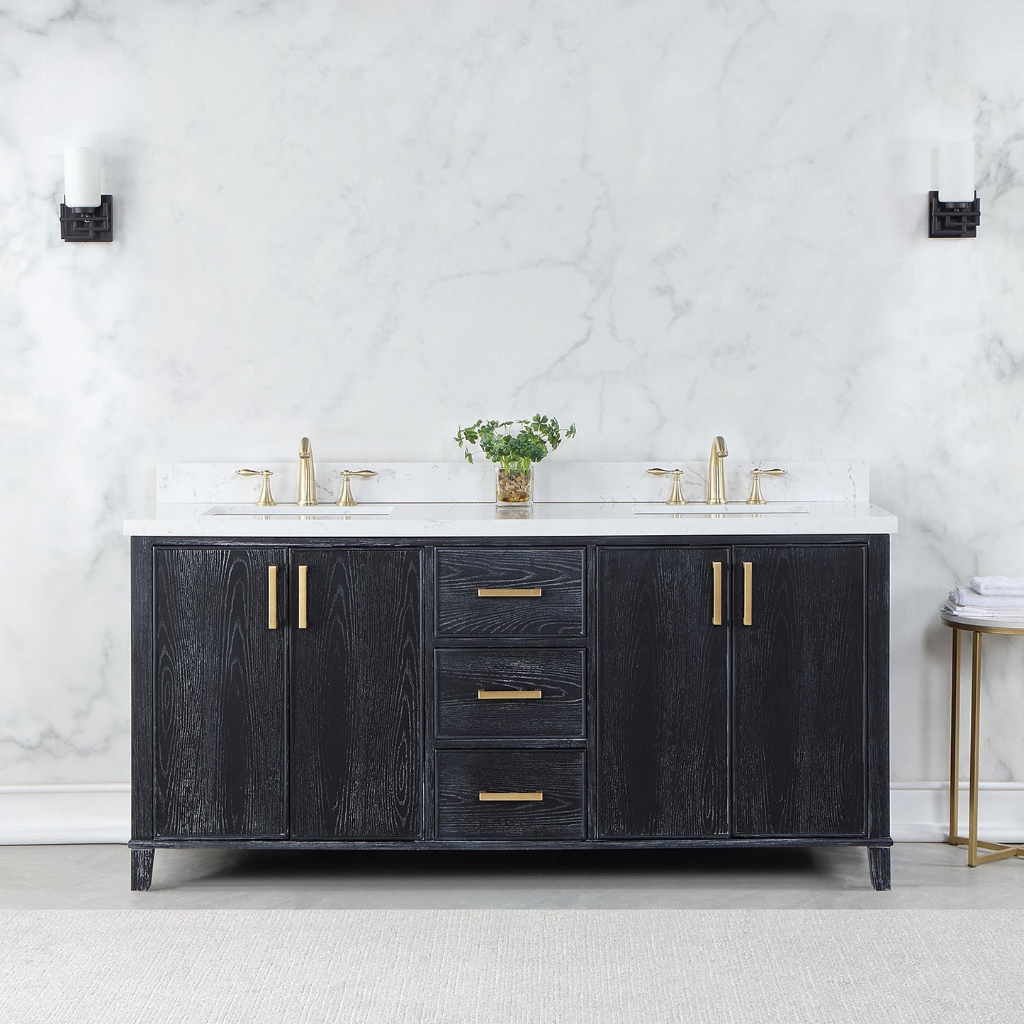 Weiser 72" Double Bathroom Vanity in Black Oak with Aosta White Engineered Stone Countertop without Mirror