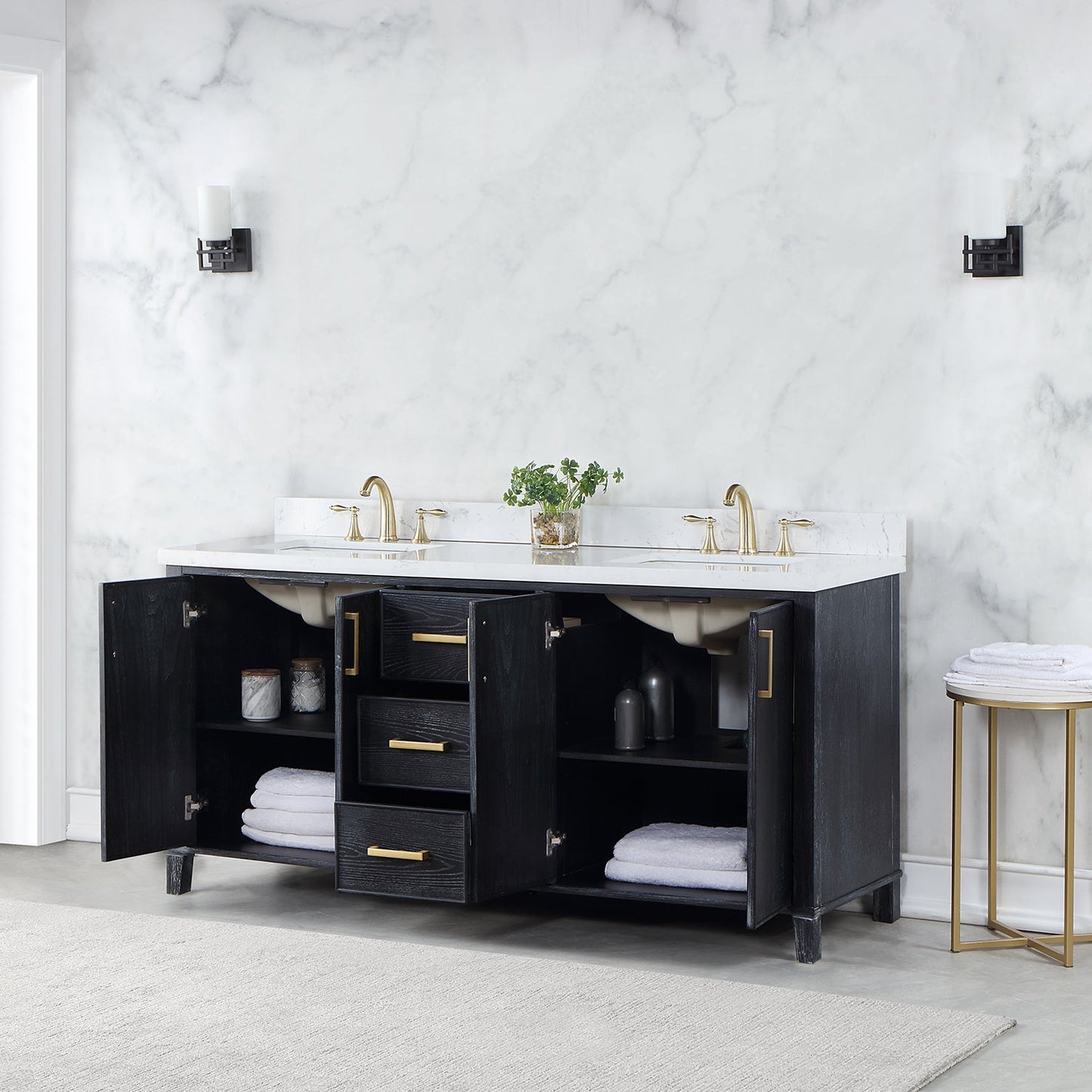 Weiser 72" Double Bathroom Vanity in Black Oak with Aosta White Engineered Stone Countertop without Mirror