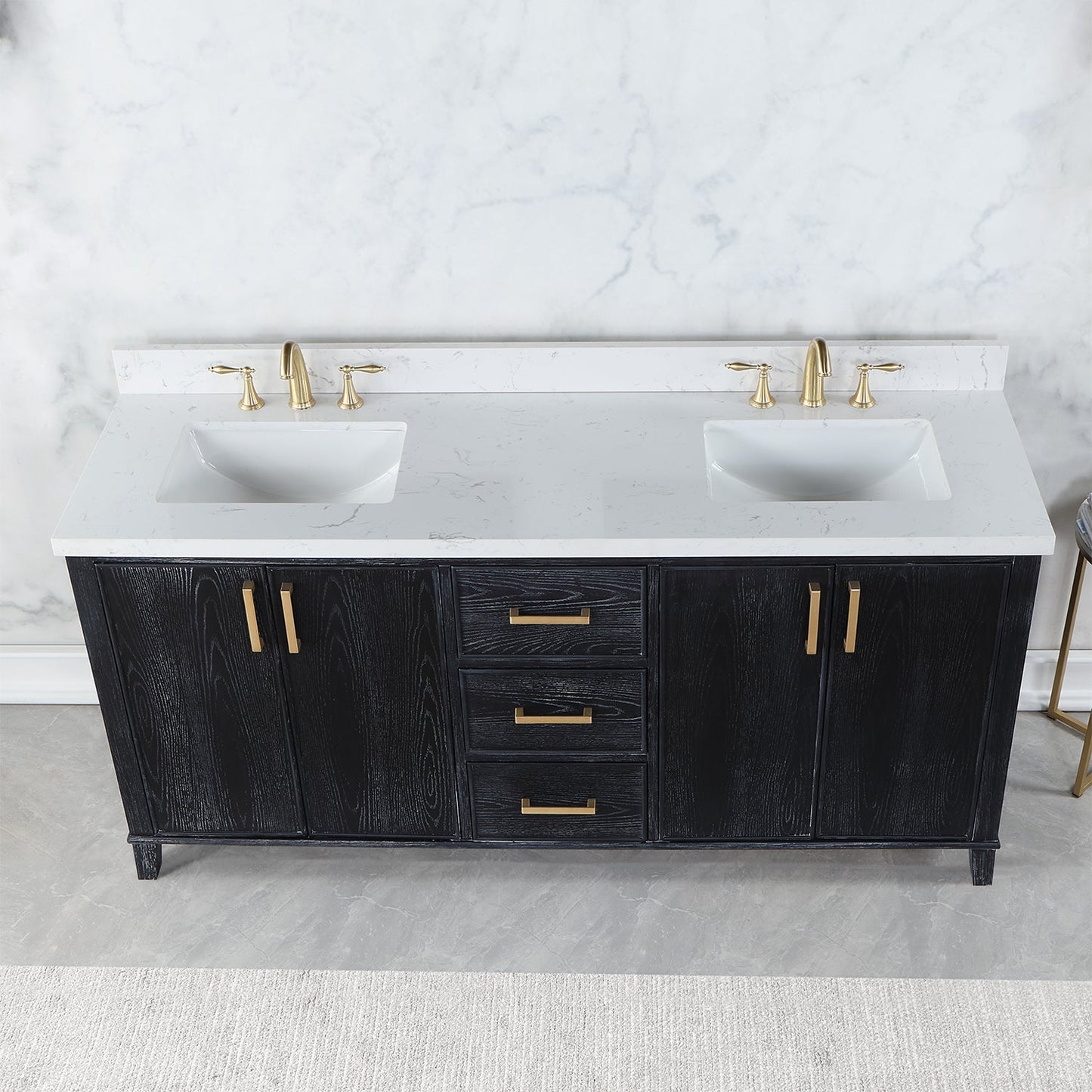 Weiser 72" Double Bathroom Vanity in Black Oak with Aosta White Engineered Stone Countertop without Mirror
