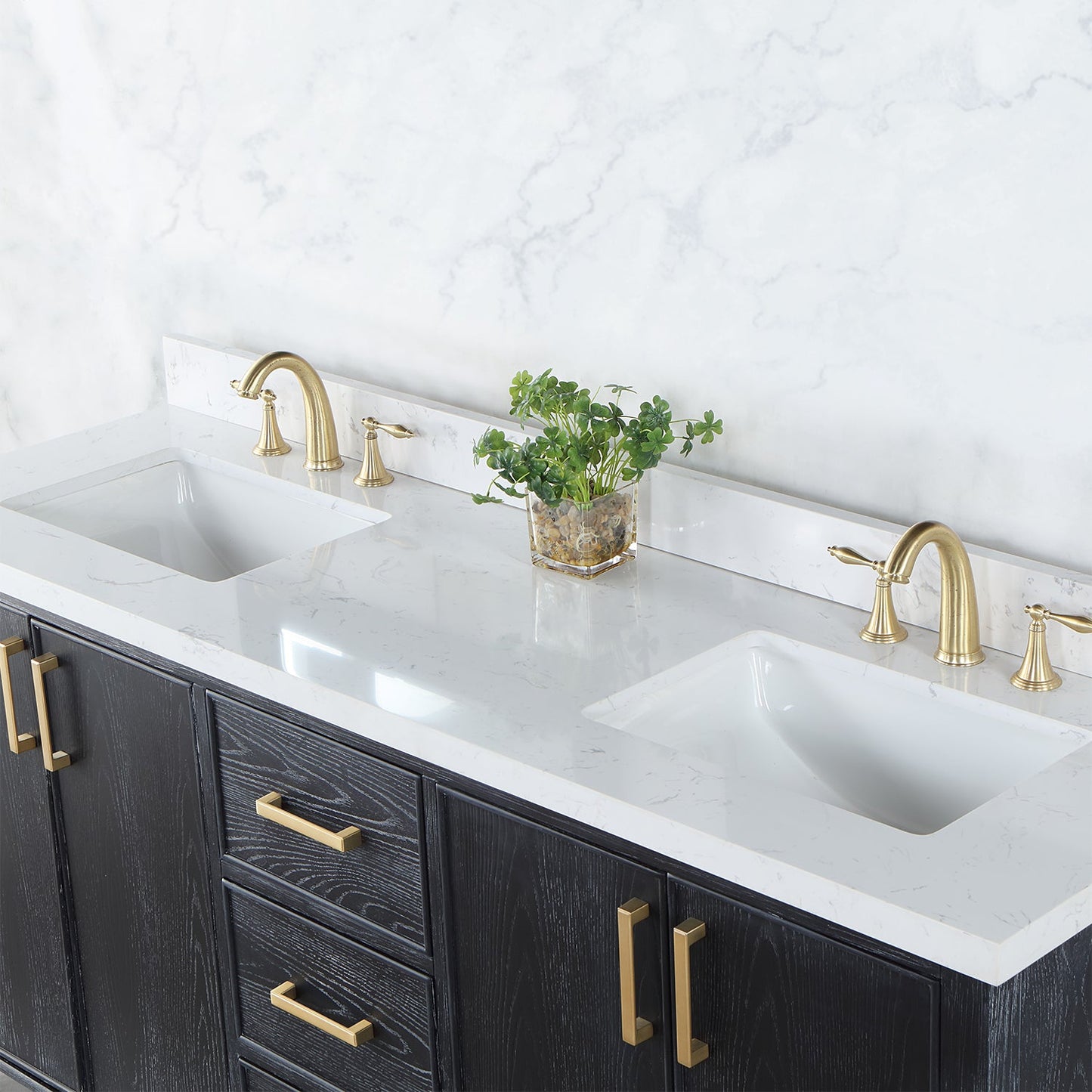 Weiser 72" Double Bathroom Vanity in Black Oak with Aosta White Engineered Stone Countertop without Mirror