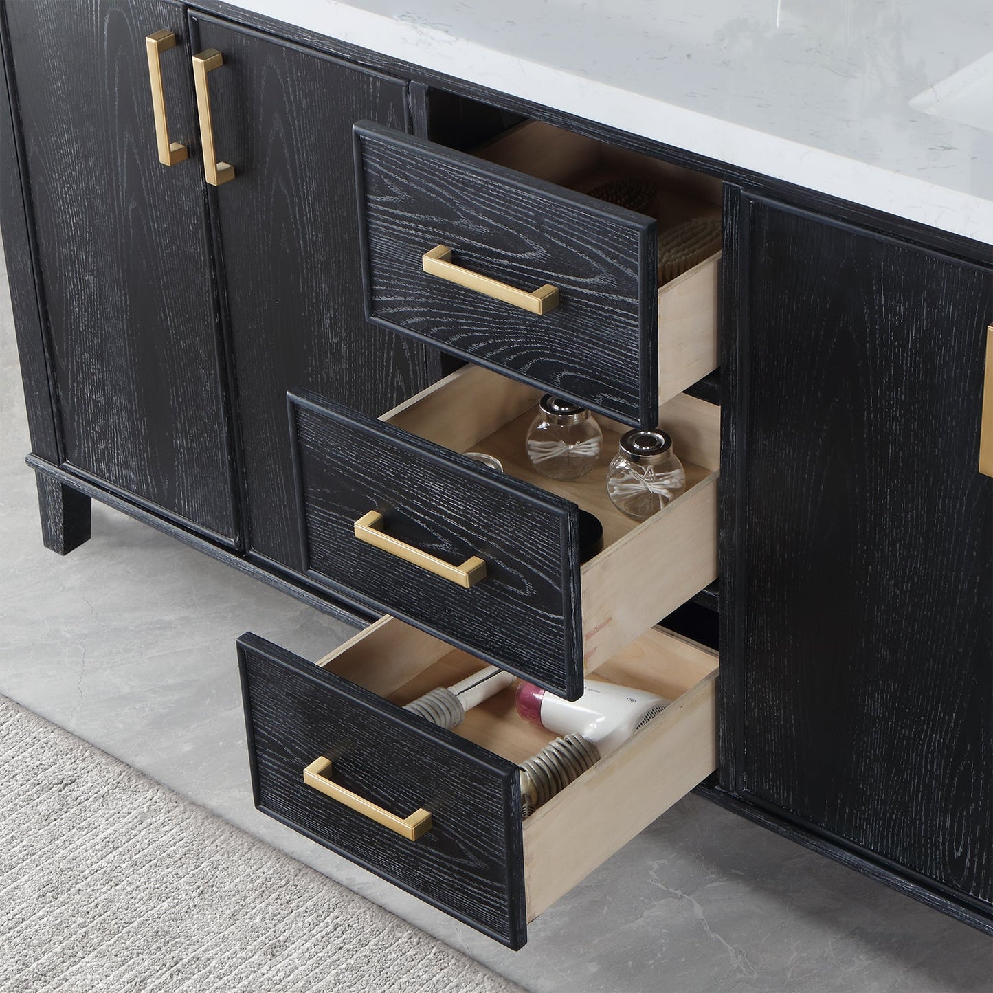 Weiser 72" Double Bathroom Vanity in Black Oak with Aosta White Engineered Stone Countertop without Mirror