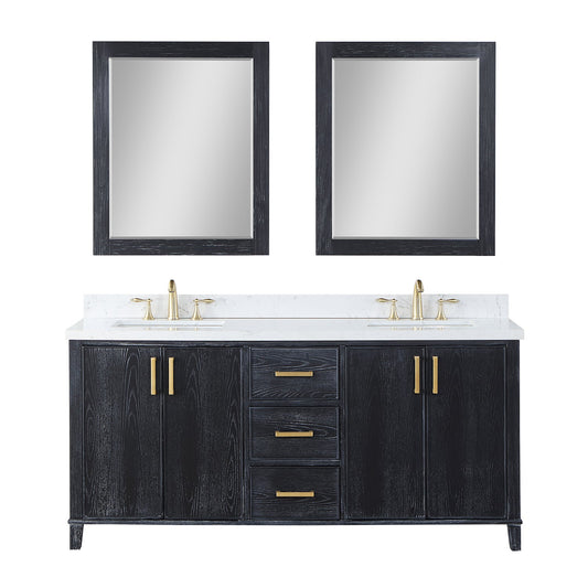 Weiser 72" Double Bathroom Vanity in Black Oak with Aosta White Engineered Stone Countertop with Mirror