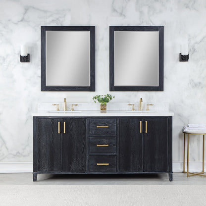 Weiser 72" Double Bathroom Vanity in Black Oak with Aosta White Engineered Stone Countertop with Mirror