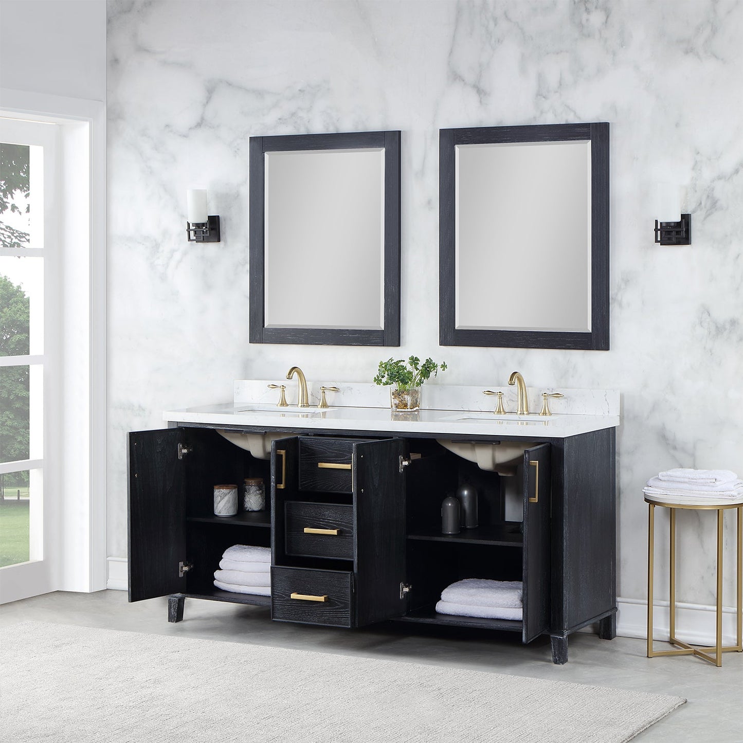 Weiser 72" Double Bathroom Vanity in Black Oak with Aosta White Engineered Stone Countertop with Mirror