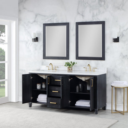 Weiser 72" Double Bathroom Vanity in Black Oak with Aosta White Engineered Stone Countertop with Mirror