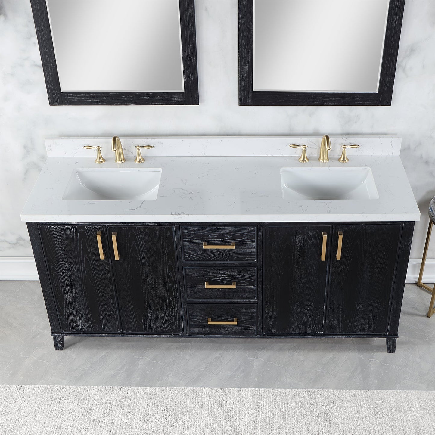 Weiser 72" Double Bathroom Vanity in Black Oak with Aosta White Engineered Stone Countertop with Mirror