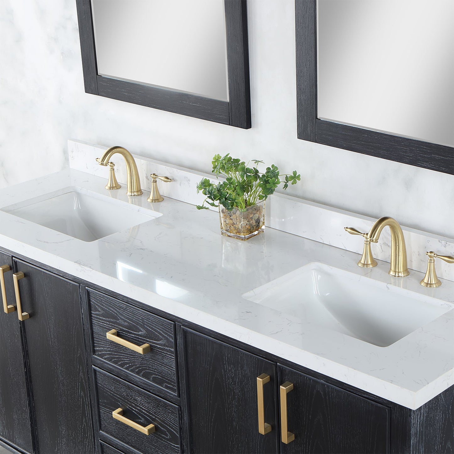 Weiser 72" Double Bathroom Vanity in Black Oak with Aosta White Engineered Stone Countertop with Mirror