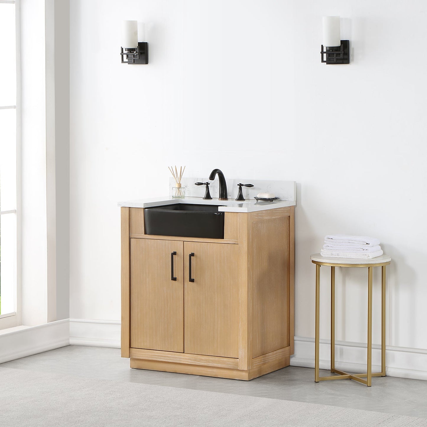 Novago 30" Single Bathroom Vanity in Weathered Pine with Aosta White Engineered Stone Countertop and Farmhouse Sink without Mirror