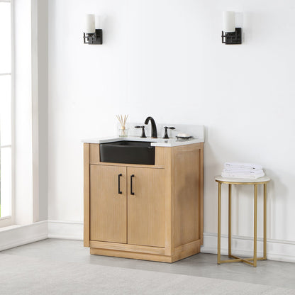 Novago 30" Single Bathroom Vanity in Weathered Pine with Aosta White Engineered Stone Countertop and Farmhouse Sink without Mirror