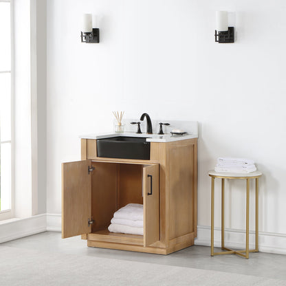 Novago 30" Single Bathroom Vanity in Weathered Pine with Aosta White Engineered Stone Countertop and Farmhouse Sink without Mirror