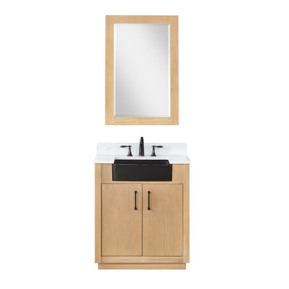 Novago 30" Single Bathroom Vanity in Weathered Pine with Aosta White Engineered Stone Countertop and Farmhouse Sink with Mirror