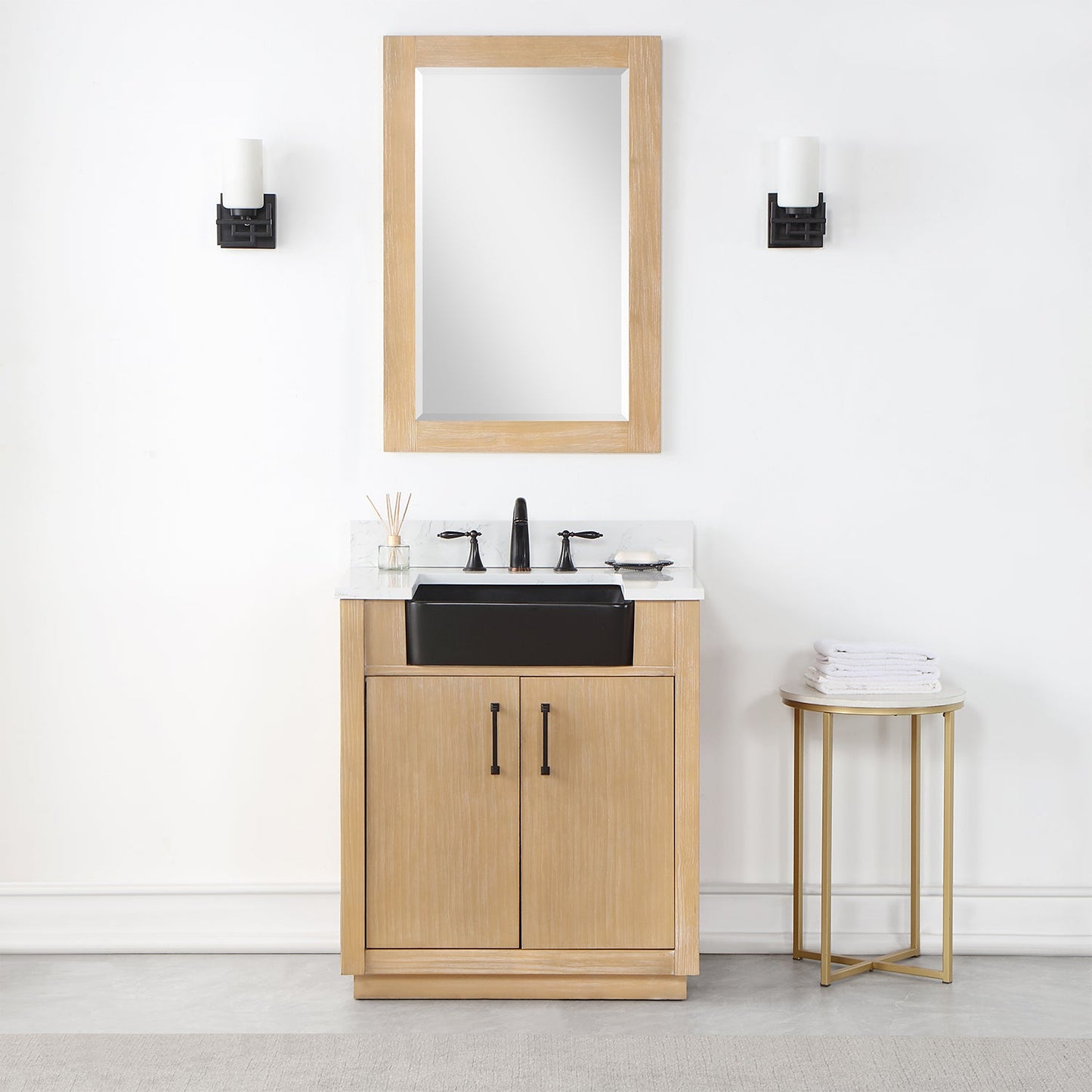Novago 30" Single Bathroom Vanity in Weathered Pine with Aosta White Engineered Stone Countertop and Farmhouse Sink with Mirror