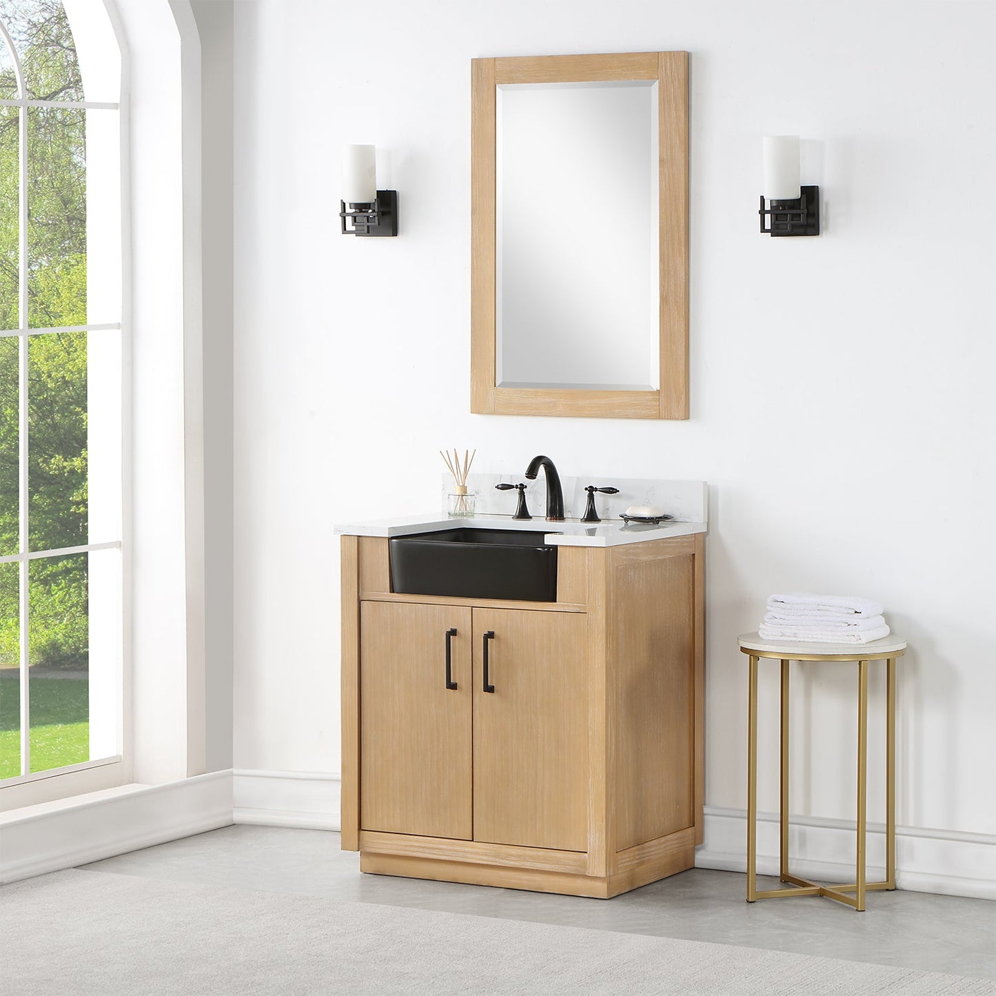 Novago 30" Single Bathroom Vanity in Weathered Pine with Aosta White Engineered Stone Countertop and Farmhouse Sink with Mirror
