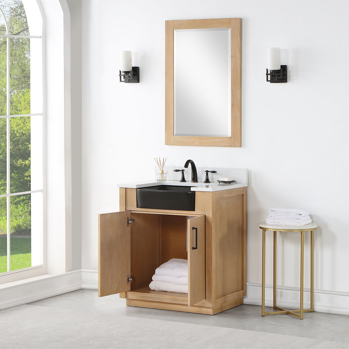 Novago 30" Single Bathroom Vanity in Weathered Pine with Aosta White Engineered Stone Countertop and Farmhouse Sink with Mirror